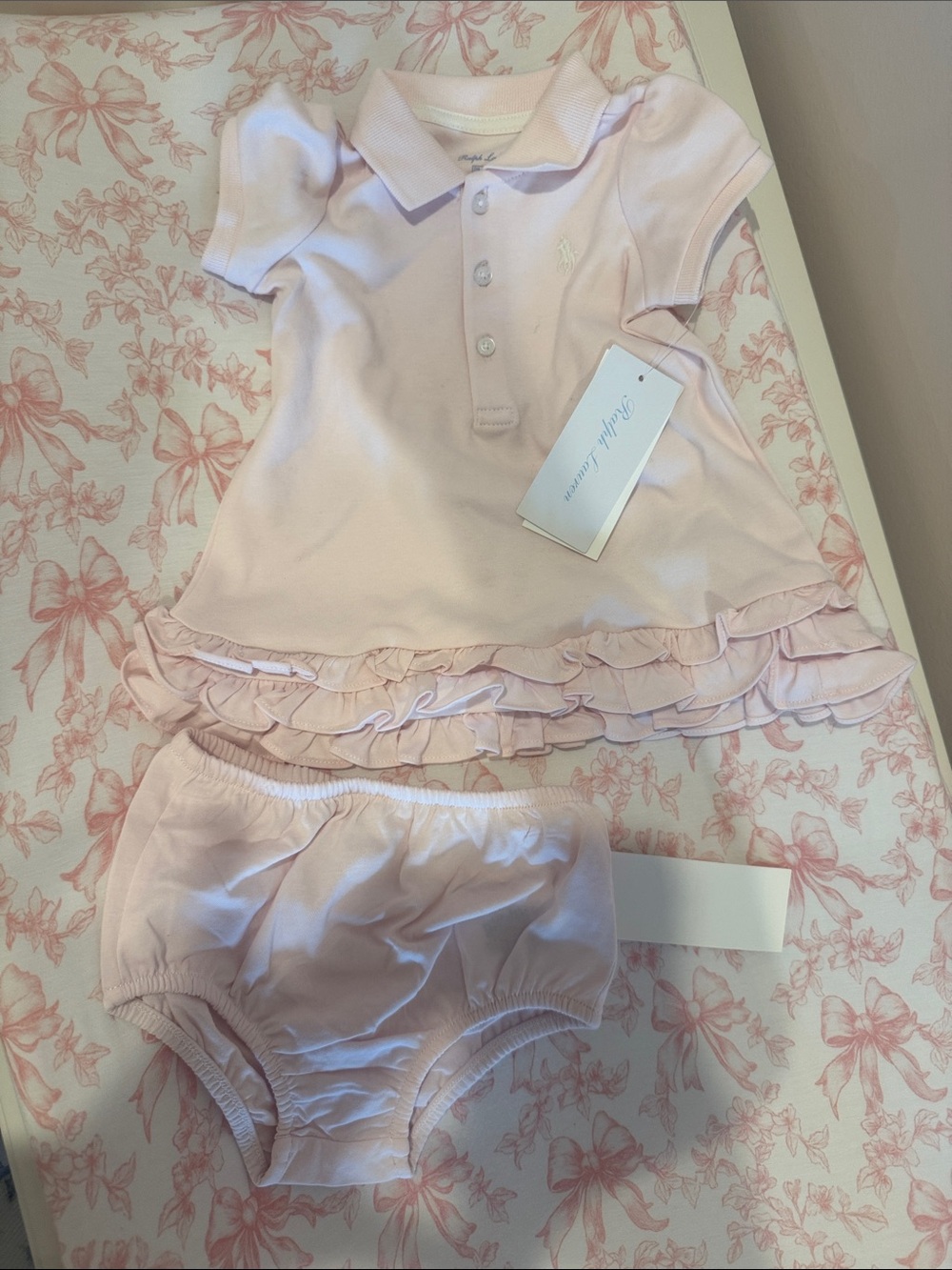 Ralph Lauren Baby Girl Light Pink Polo Dress with Ruffle Bloomers